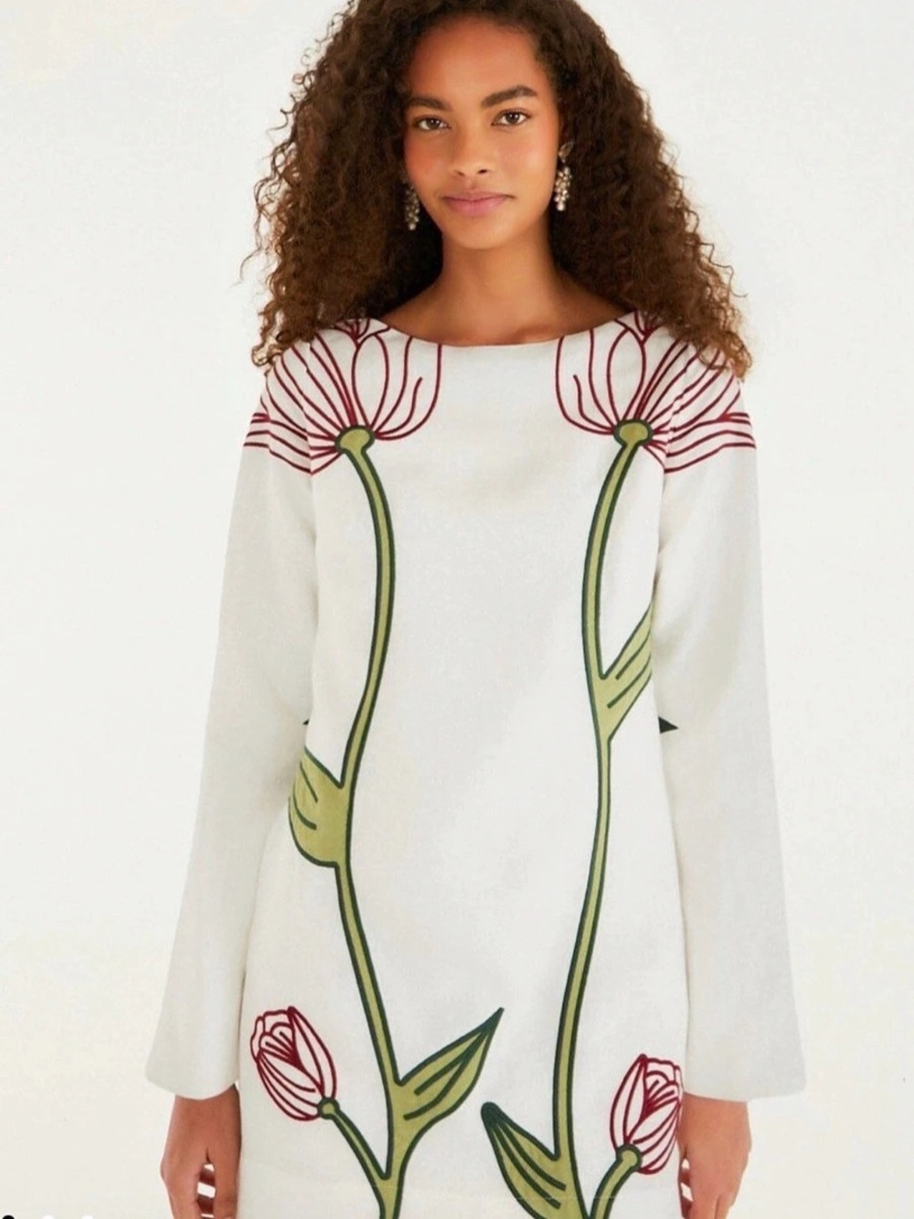 Farm Rio Off-white Flower Embroidered Long-sleeve Mini Dress